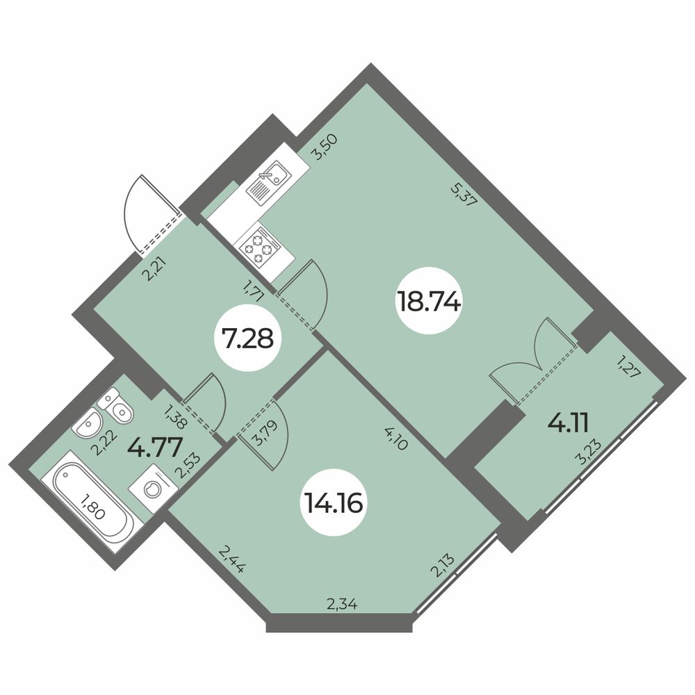 1-комнатная квартира, 47.01 кв.м, ЖК «Огни Залива»